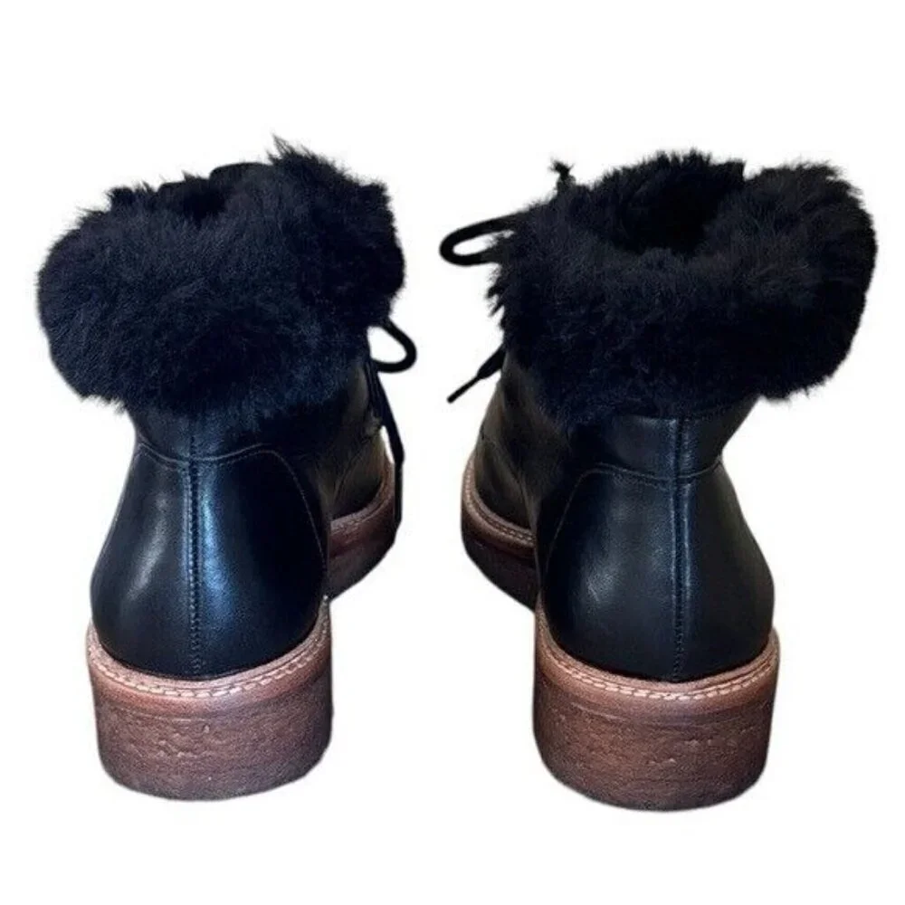 BOTKIER Winter Hiking Boots Faux Fur Collar Black Leather